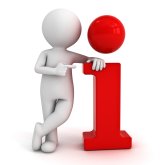 3d man leaning on red information icon and pointing finger 3d man leaning on red information icon and pointing finger