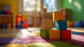 Colorful childish cubes in the room on the floor in the sunlight Bunte Bauklötze auf einem Teppich im Kinderzimmer