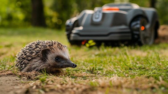 Hedgehog Cautiously Walking on Grass in Front of a Lawn Mower Robot Hedgehog Cautiously Walking on Grass in Front of a Lawn Mower Robot