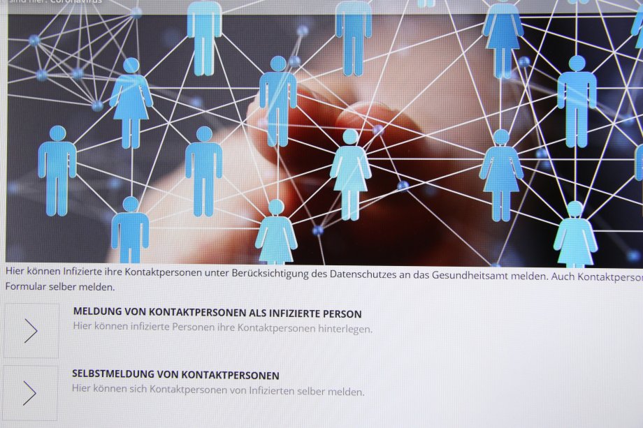 Screenshot Coronasonderseite - Online-Formulare für Infizierte und Kontaktpersonen