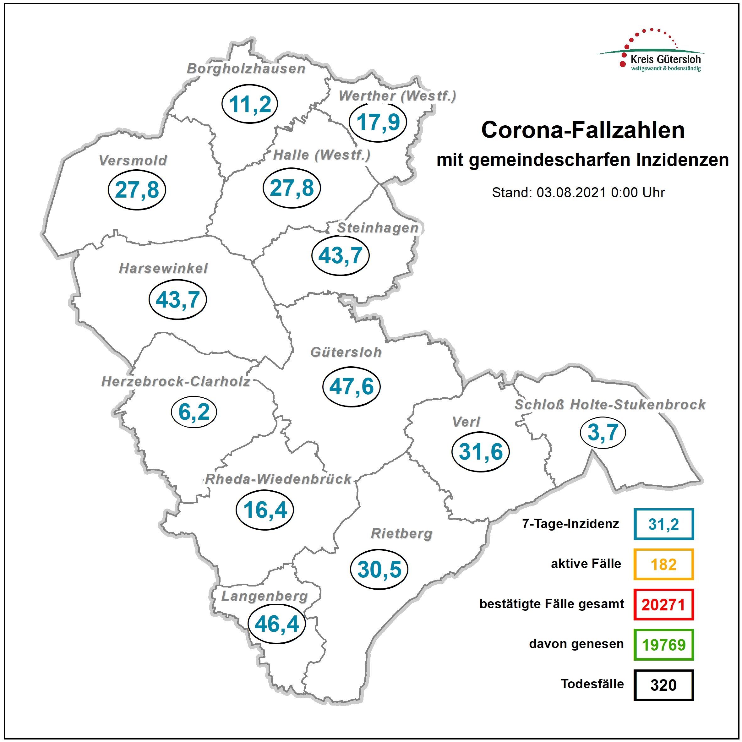 Karte mit Coronafallzahlen