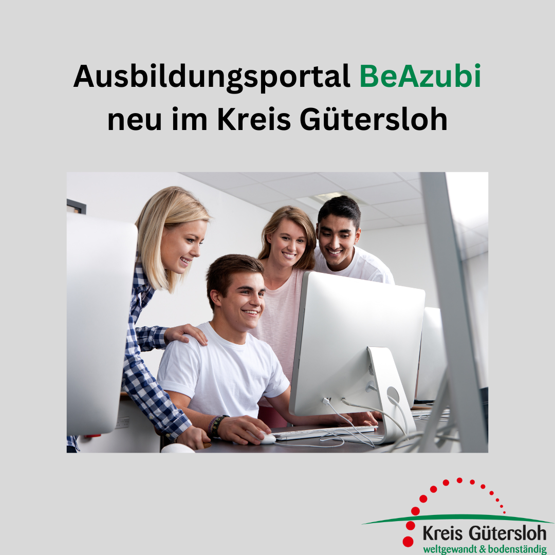 Grafik Ausbildungsportal beAzubi startet im Kreis Gütersloh mit Foto von Jugendlichen am PC