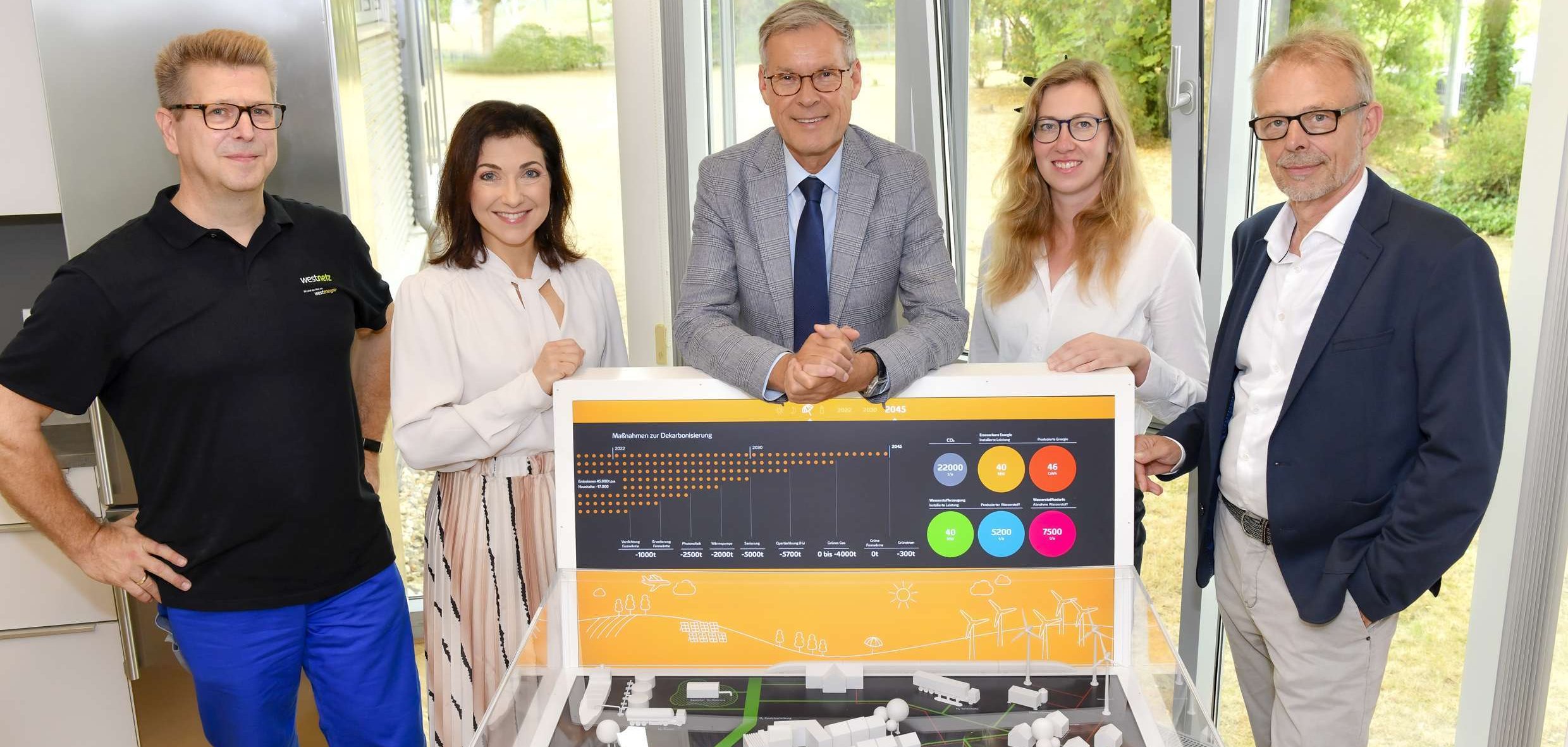 Wasserstoff Austausch am Standort Metelen der Westenergie über Wasserrstoff (v.l.): Dietmar Ewering, In-novationsmanagement Westnetz, Katherina Reiche, Vorstandsvorsitzende der Westenergie AG, Landrat Sven-Georg Adenauer, Saskia Kemner, Westenergie-Regionalleiterin für das Münster-land und Ostwestfalen-Lippe, und Frank Scheffer, Dezernent Bauen und Umwelt Kreis Güters-loh. Foto: Westenergie