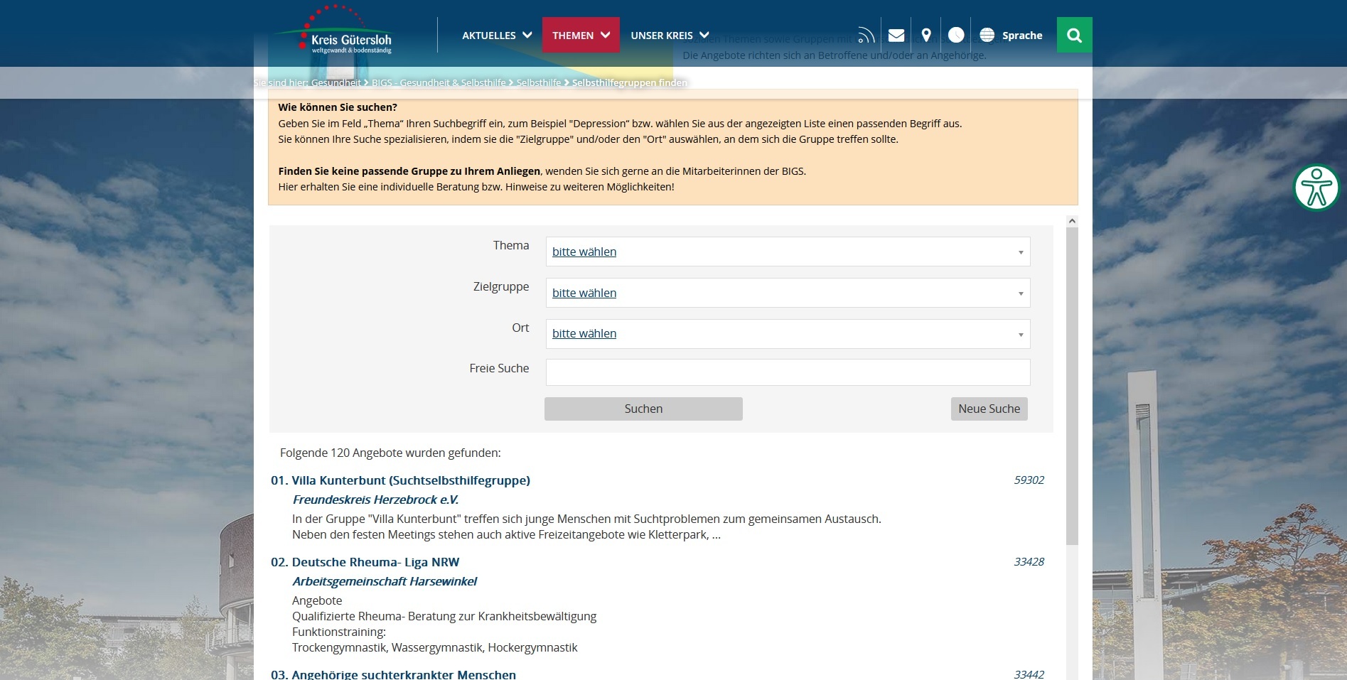 Screenshot von der Internetseite des Kreises Gütersloh. Zu sehen ist die Online-Ansicht des Selbsthilfe-Wegweisers der BIGS. 