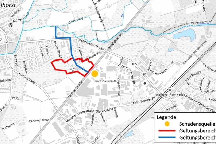 Die Karte zeigt den Bereich, in dem bis auf weiteres keine Nutzung des Grundwassers gestattet ist. Der gelbe Punkt markiert das Grundstück mit der Schadstoffquelle.