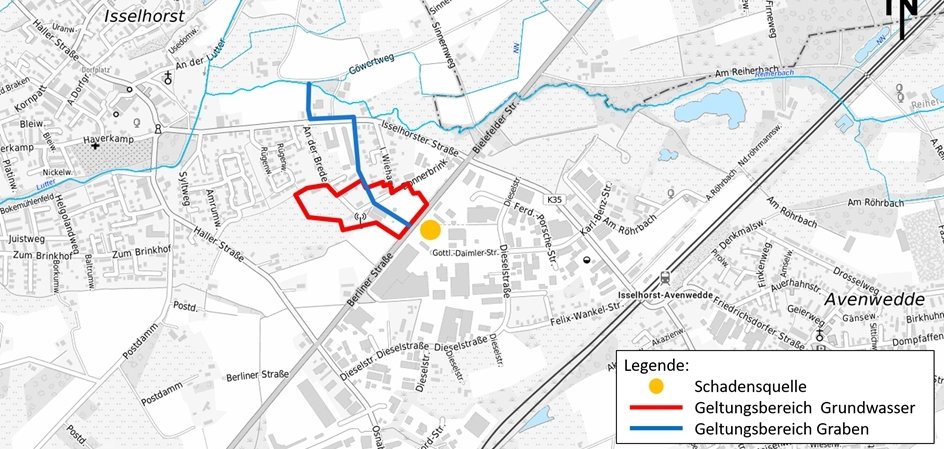 PFAS-Fund Karte mit Gebiet des Verbots der Grundwasserentnahme Die Karte zeigt den Bereich, in dem bis auf weiteres keine Nutzung des Grundwassers gestattet ist. Der gelbe Punkt markiert das Grundstück mit der Schadstoffquelle.