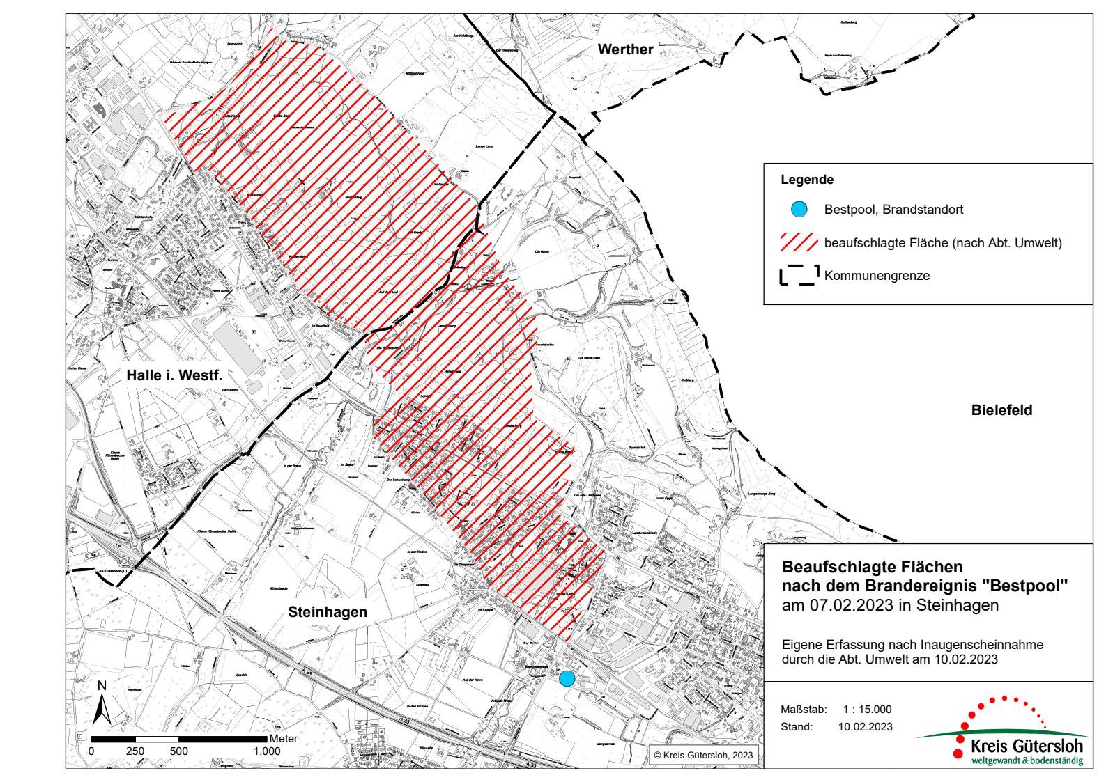 In Anlage 1 der Allgemeinverfügung sind die betroffenen Flächen in Steinhagen und Halle/Westf. zu sehen, die von der Abteilung Umwelt des Kreises identifiziert wurden und noch zu beräumen sind. Zu sehen ist eine Karte mit betroffenen Bereichen in Steinhagen und Halle. Auf diese Bereiche bezieht sich die Allgemeinverfügung.