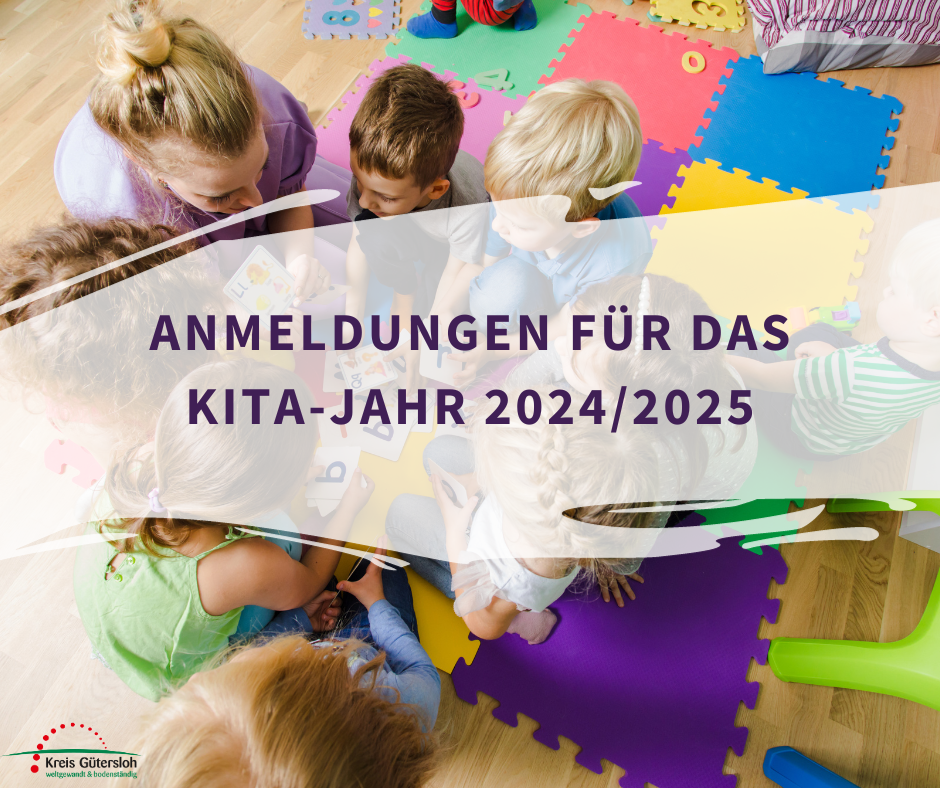 Grafik mit dem Titel 'Anmeldungen für das Kita-Jahr 2024/2025'. Im Hintergrund sind spielende Kinder mit einer Betreuungsperson zu sehen.