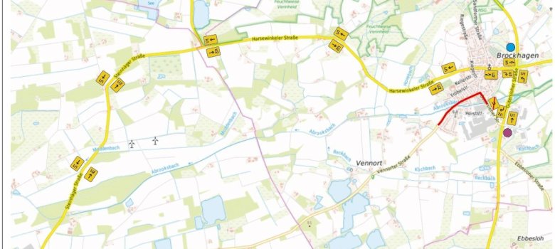 Karte Umleitungsstrecke während der Sanierung der K 16 in Brockhagen: Die Umleitungsstrecke wird nördlich von Brockhagen über die Harsewinkeler und Steinhäger Straße geleitet. Diese wird in beide Richtungen genutzt.
