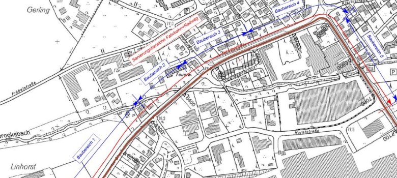Baumaßnahme_Baubereiche: Die Karte zeigt die fünf eingerichteten Bauabschnitte, die sich beginnende an der Vennorter bis zur Gütersloher Straße erstrecken. 