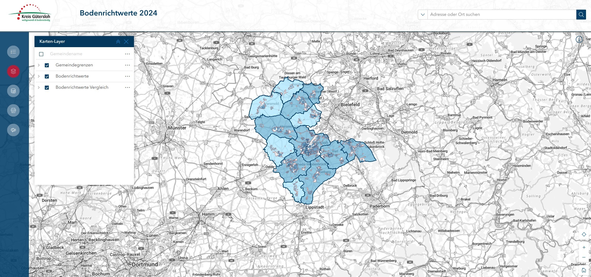 Zu sehen ist ein Screenshot einer Internetseite, auf der der Kreis Gütersloh in einer Karte abgebildet ist.