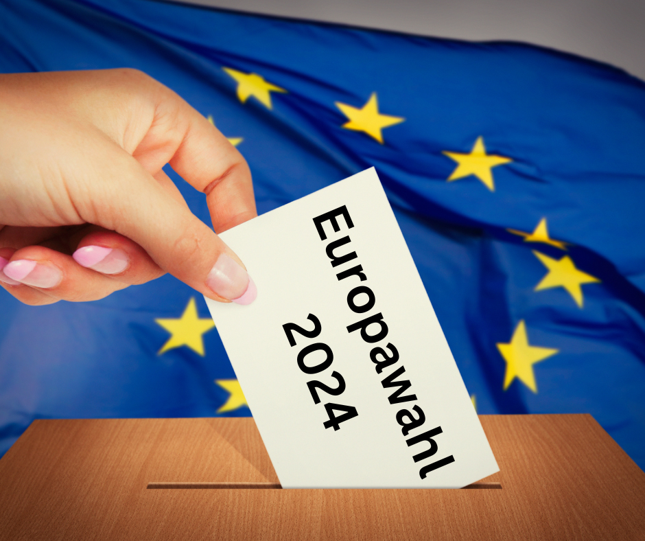 Grafik zur Europawahl mit Flagge, Urne und Hand und Zettel