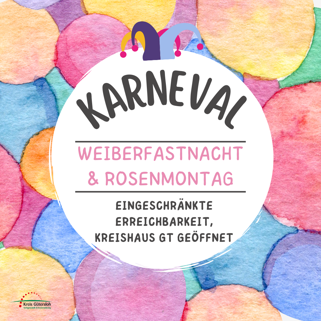 Foto mit Konfetti im Hintergrund. Hinweis zur Erreichbarkeit während Weiberfastnacht und Rosenmontag