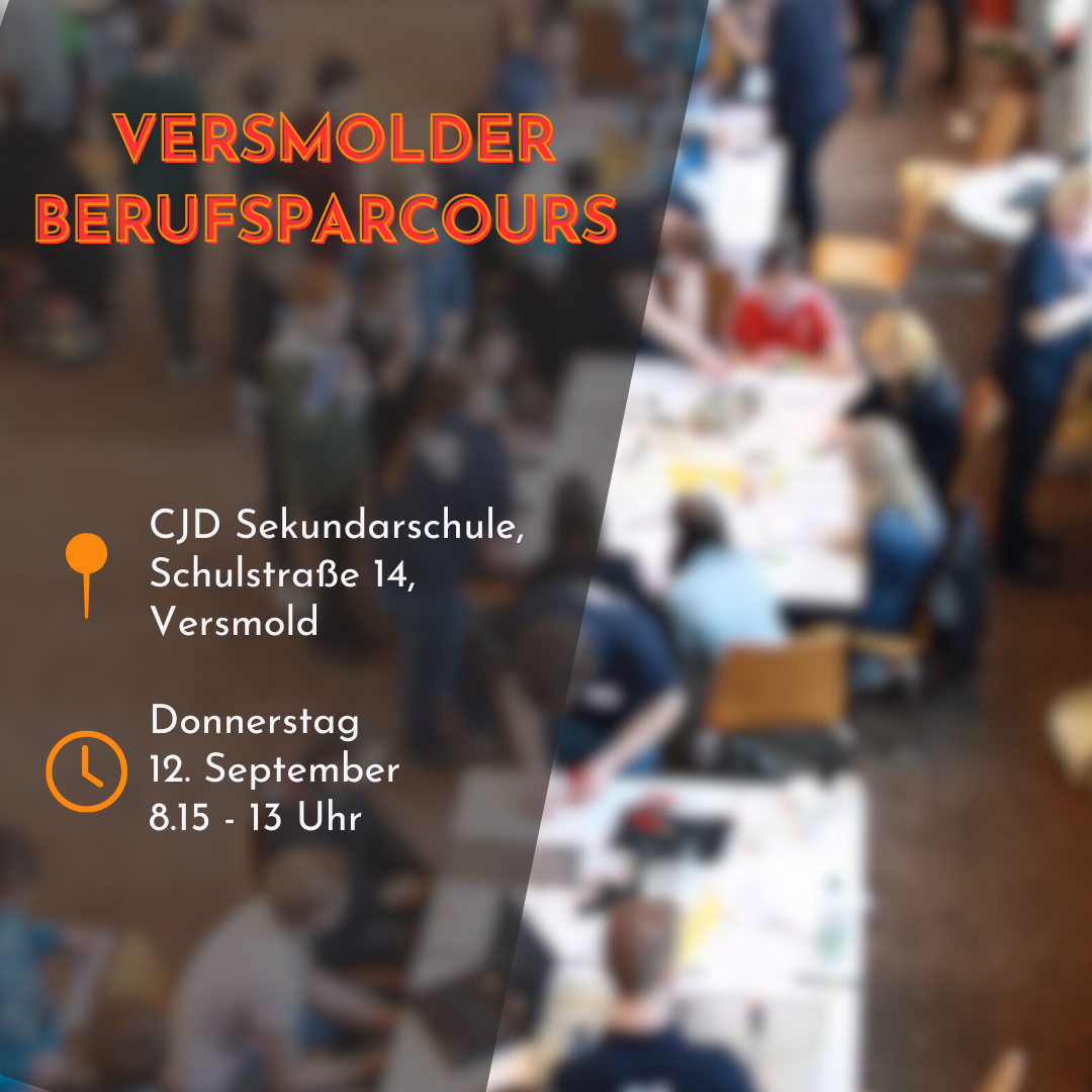 Berufsparcours - 1 Info-Grafik zum Versmolder Berufsparcours mit Datum-, Ort- und Zeitangabe