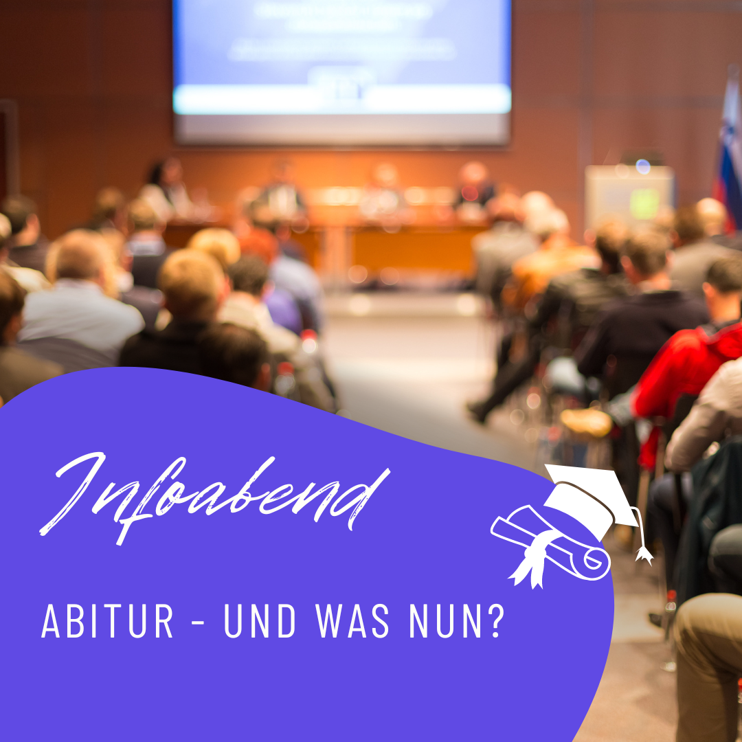 Grafik mit einem Hinweis zum Infoabend. Im Hintergrund ist ein Sitzungssaal mit Menschen zu sehen.