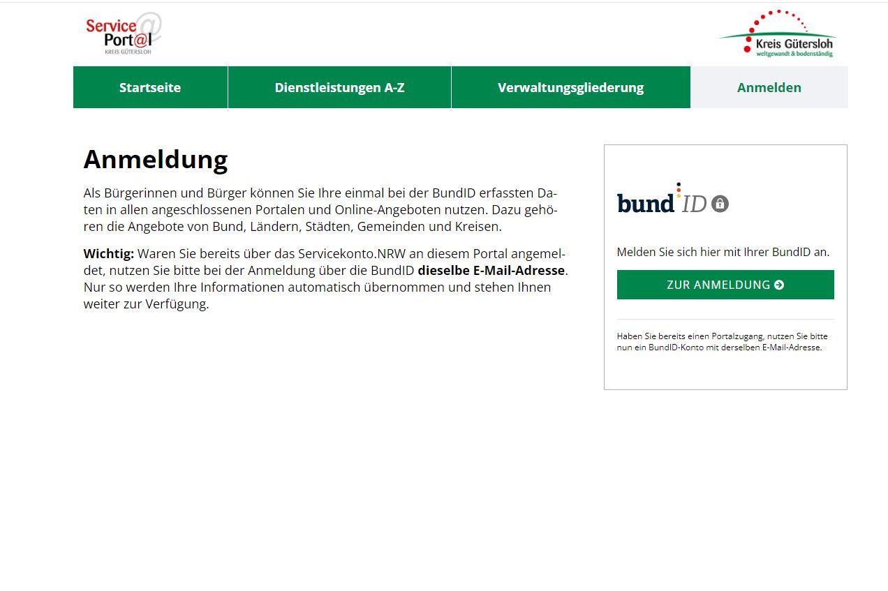 Screenshot von der Anmeldeseite des Serviceportal des Kreises Gütersloh
