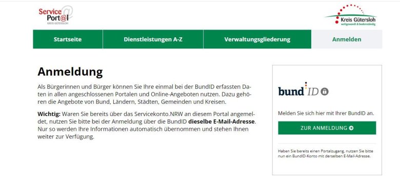 Screenshot von der Anmeldeseite des Serviceportal des Kreises Gütersloh