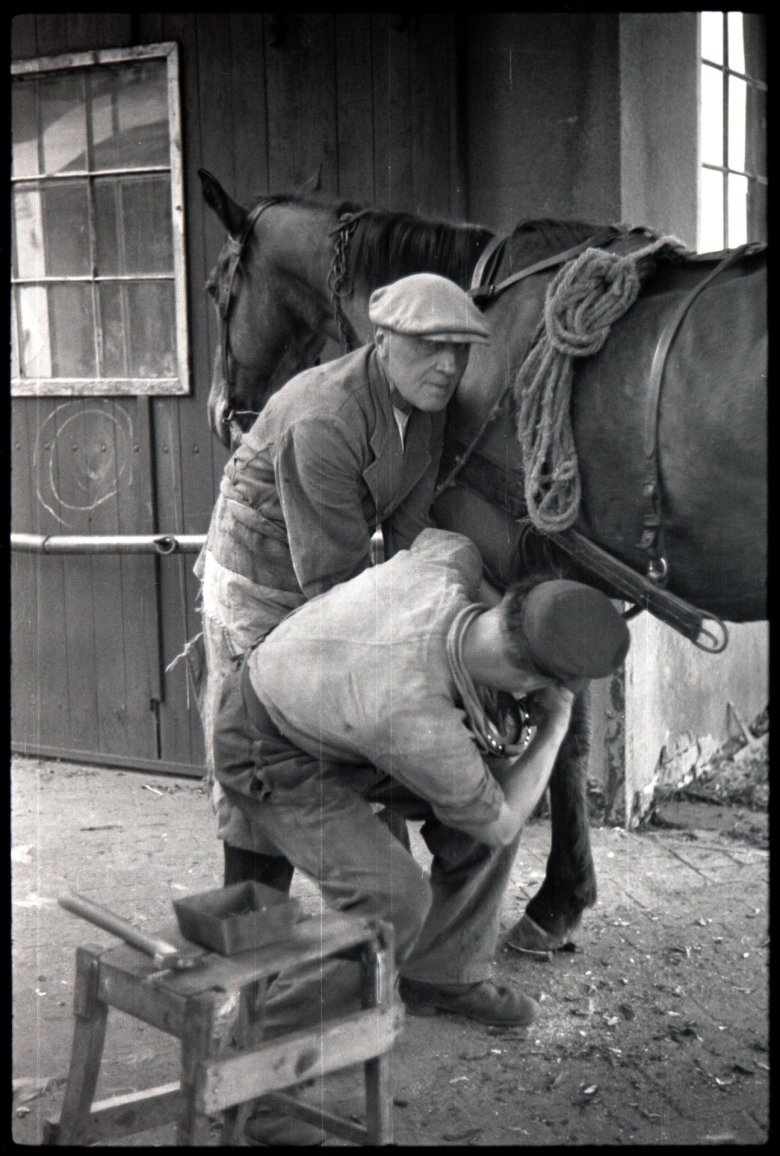 Schwarz-weiß-Aufnahme eines Hufschmieds