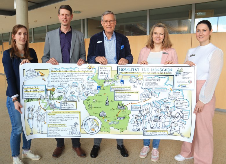 Personen stehen nebeneinander und halten einen Banner in den Händen. 