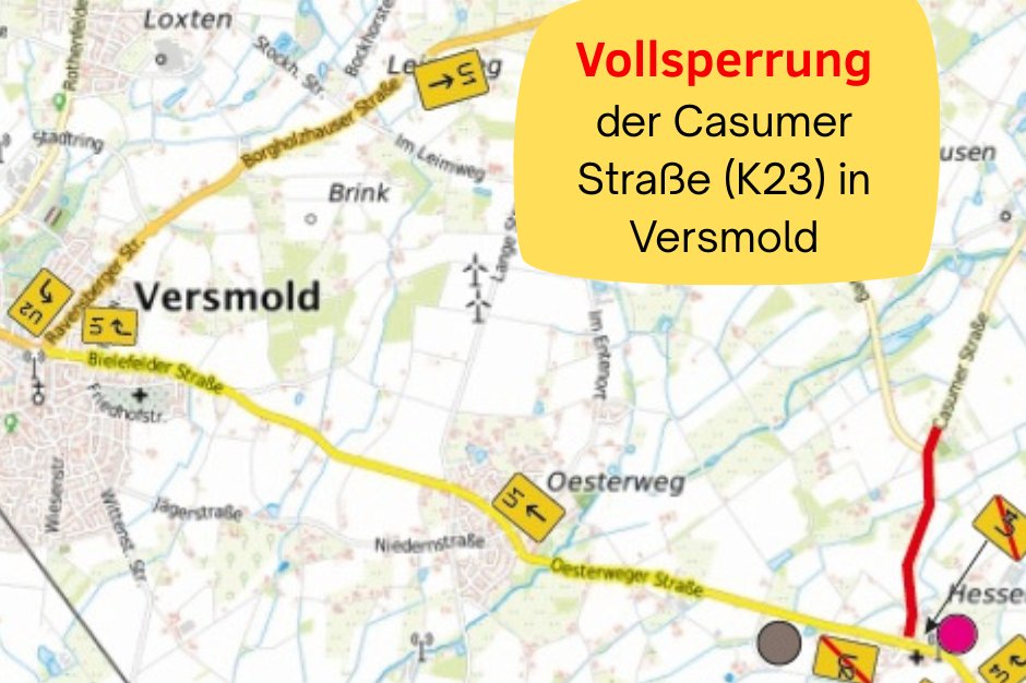 Lageplan von der Stadt Versmold und Kennzeichnung der Vollsperrung
