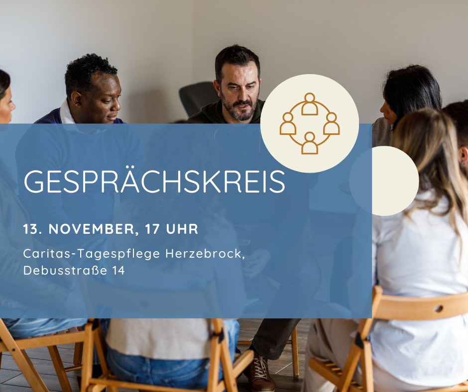 Stuhlkreis im Hintergrund zu sehen. Hinweis zu einem stattfindenden Gesprächskreis am 13. November