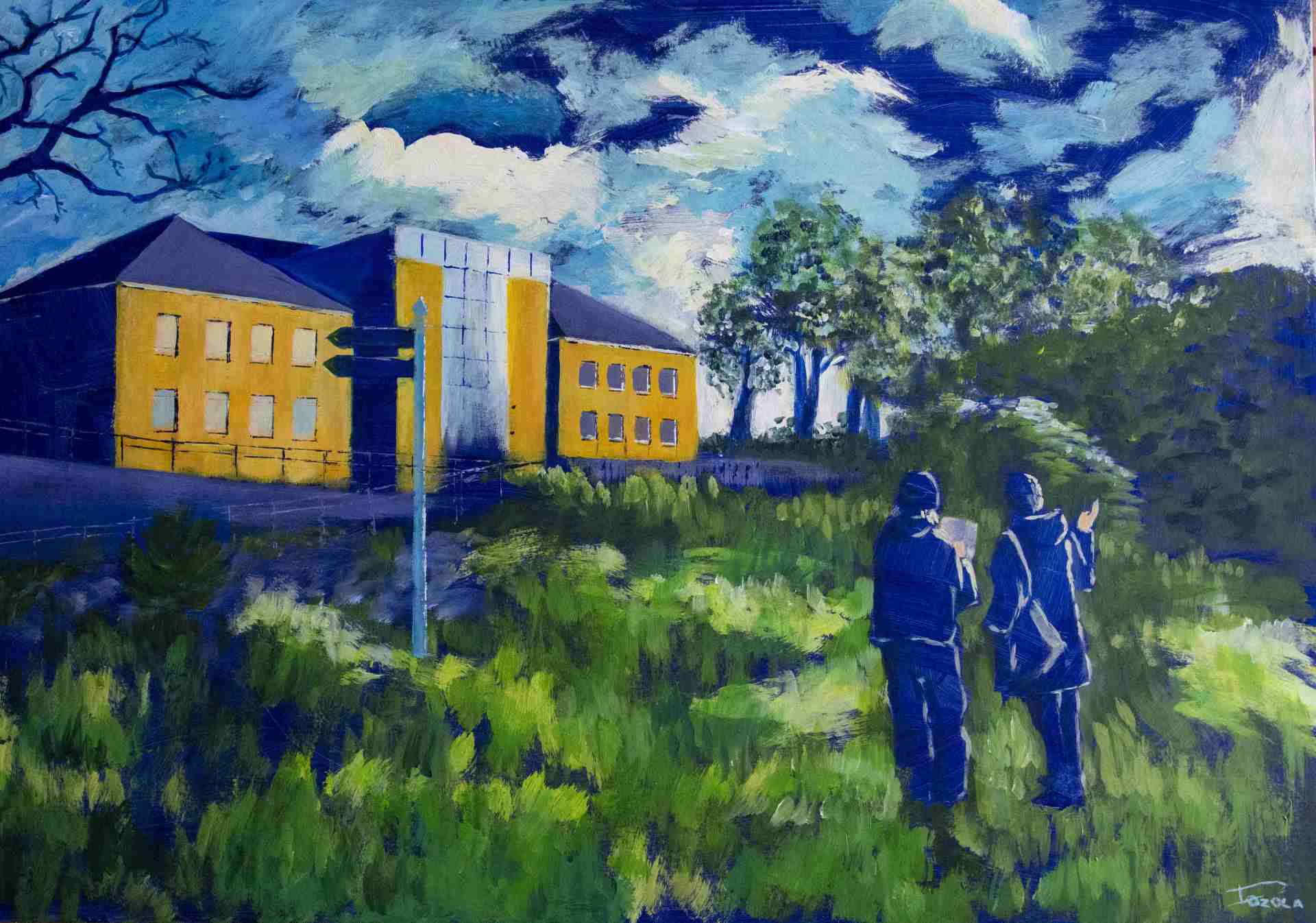 Lettisches Gemälde, grüne Wiese, blaue Menschen, Gebäude, Himmel mit Wolken. 