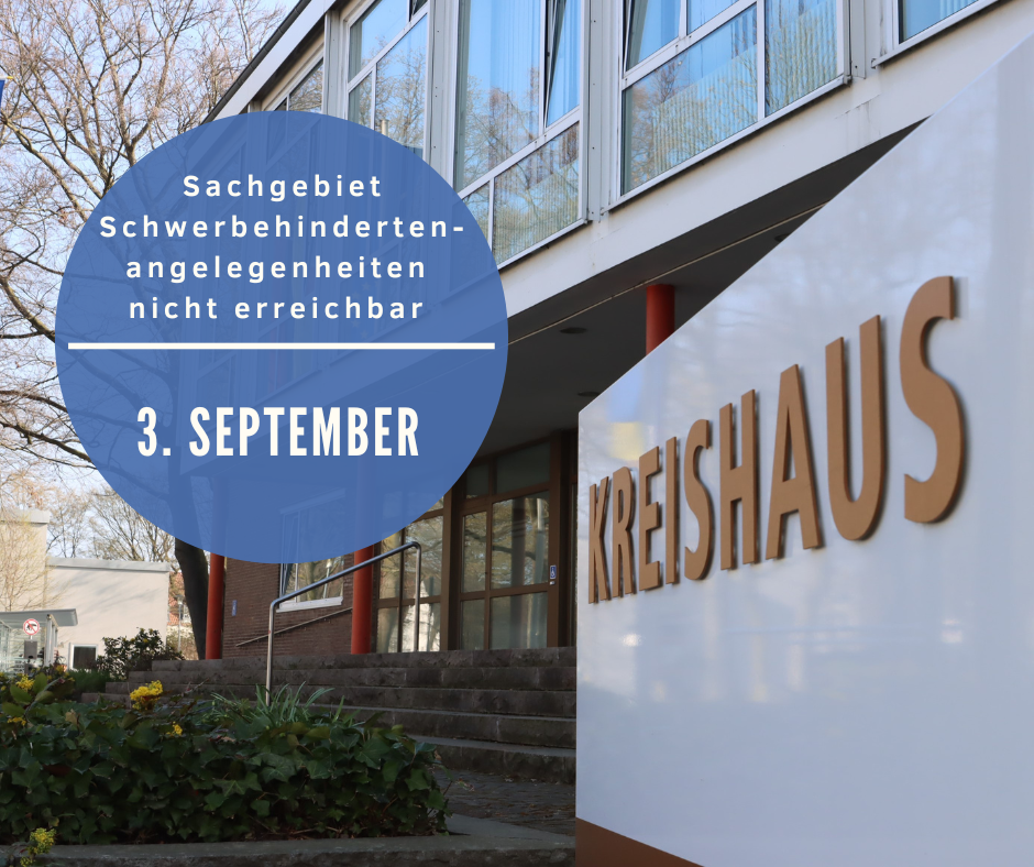 Canva-Grafik mit einem Foto des Kreishauses Wiedenbrück und der Info, dass der Schwebbereich am 3. Septeber 2025 nicht erreichbar ist.