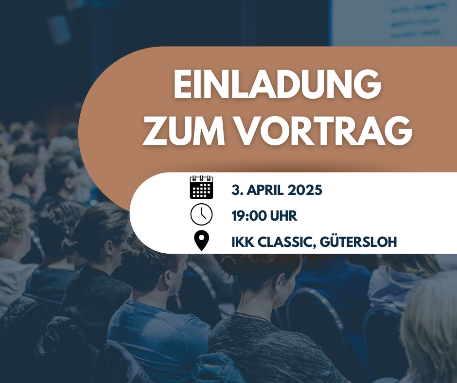 Zuhörende Menschen im Hintergrund, im Vordergrund Banner mit der Einladung zum Vortrag und den Daten.