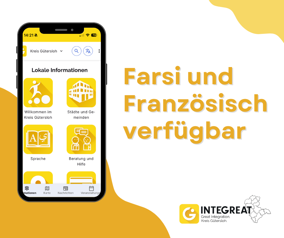 Grafik mit dem Hinweis auf neuen Sprachen, die in der App vorhanden sind. Die App ist auf einem Smartphone abgebildet. 