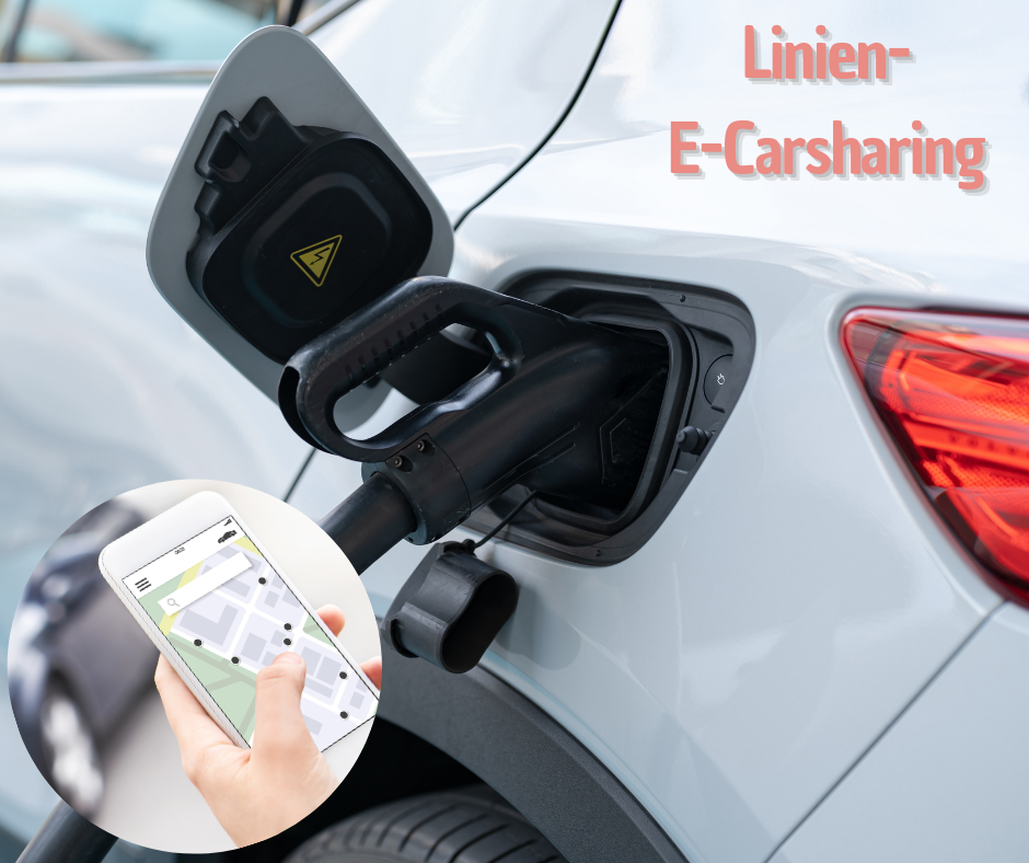 Ein E-Auto ist an der Ladesäule angeschlossen. In einem zweiten Bild ist ein Handy beim Buchen eines Carsharing-Autos zu sehen.