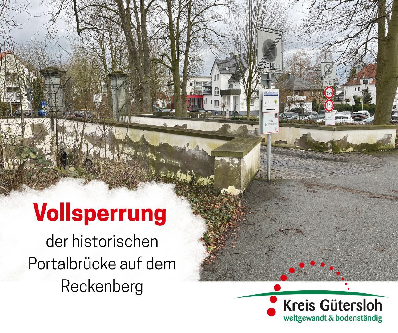 Canva-Grafik mit der historischen Portalbrücke des Kreishauses Wiedenbrück und dem Hinweis auf eine Vollsperrung.