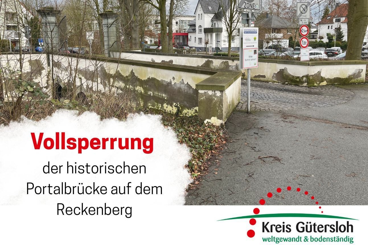 Canva-Grafik mit der historischen Portalbrücke des Kreishauses Wiedenbrück und dem Hinweis auf eine Vollsperrung.
