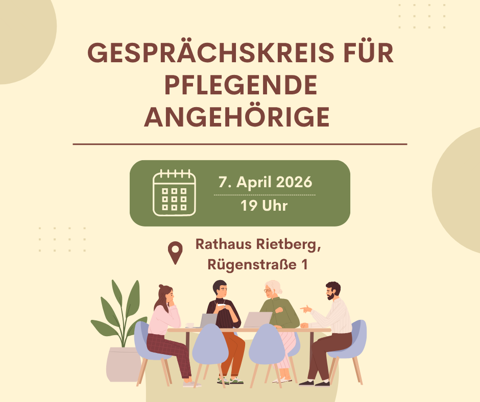 Grafik, die im unteren Bereich einen Tisch mit mehreren Personen zeigt, die sich unterhalten. Oben steht "Gesprächskreis für Pflegende Angehörige".