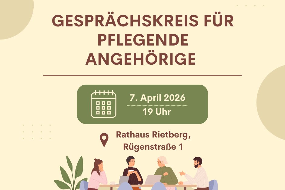 2026_04_02_Gesprächskreis_Pflegende_Angehörige Grafik, die im unteren Bereich einen Tisch mit mehreren Personen zeigt, die sich unterhalten. Oben steht "Gesprächskreis für Pflegende Angehörige".