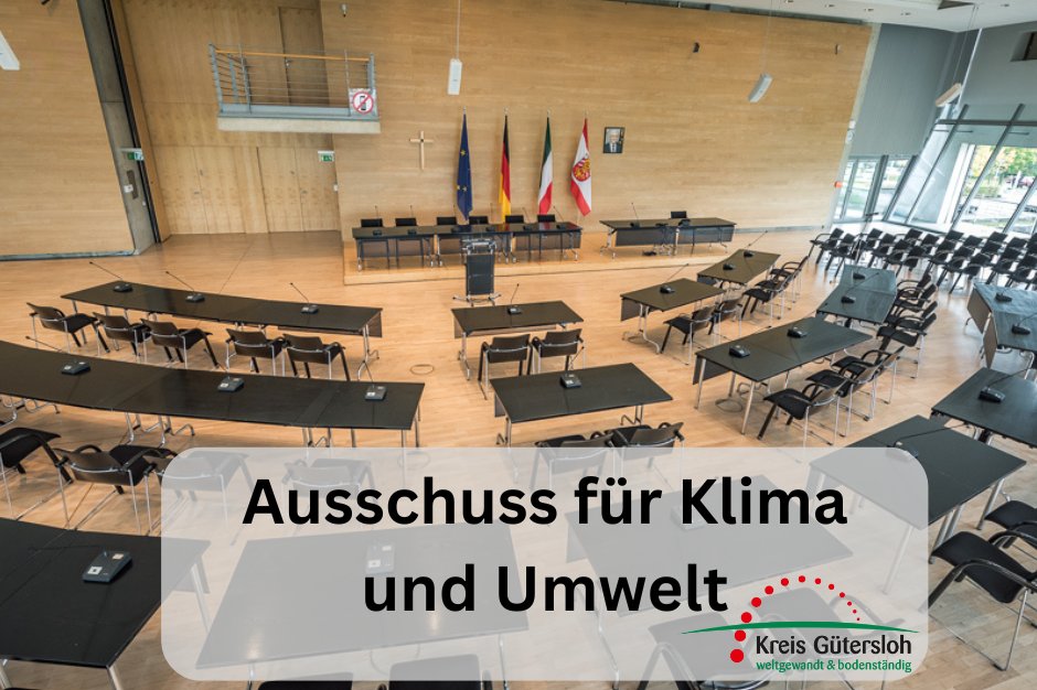 Foto vom Sitzungssaal des Kreishauses Gütersloh mit dem Schriftzug 'Ausschuss für Klima und Umwelt'.