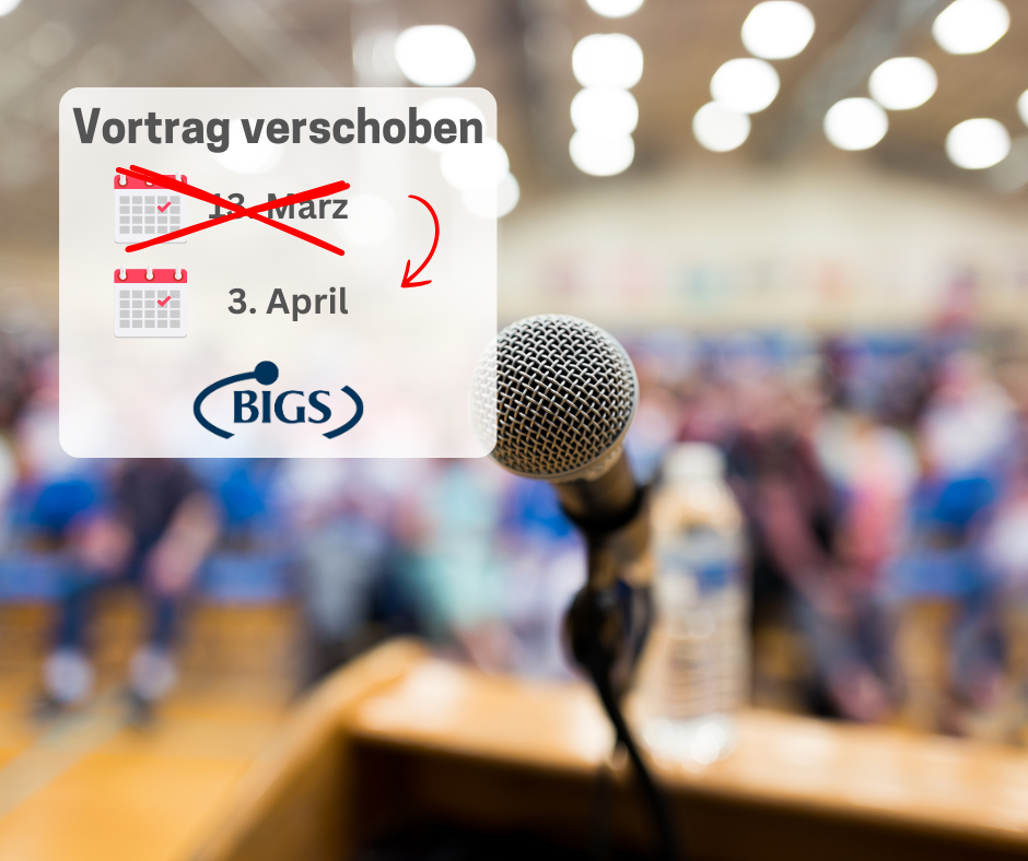 Termin verschoben - 1 Grafik mit der Aufschrift 'Vortrag verschoben'. Im Hintergrund sind Menschen zu sehen, die einem Vortrag zuhören.