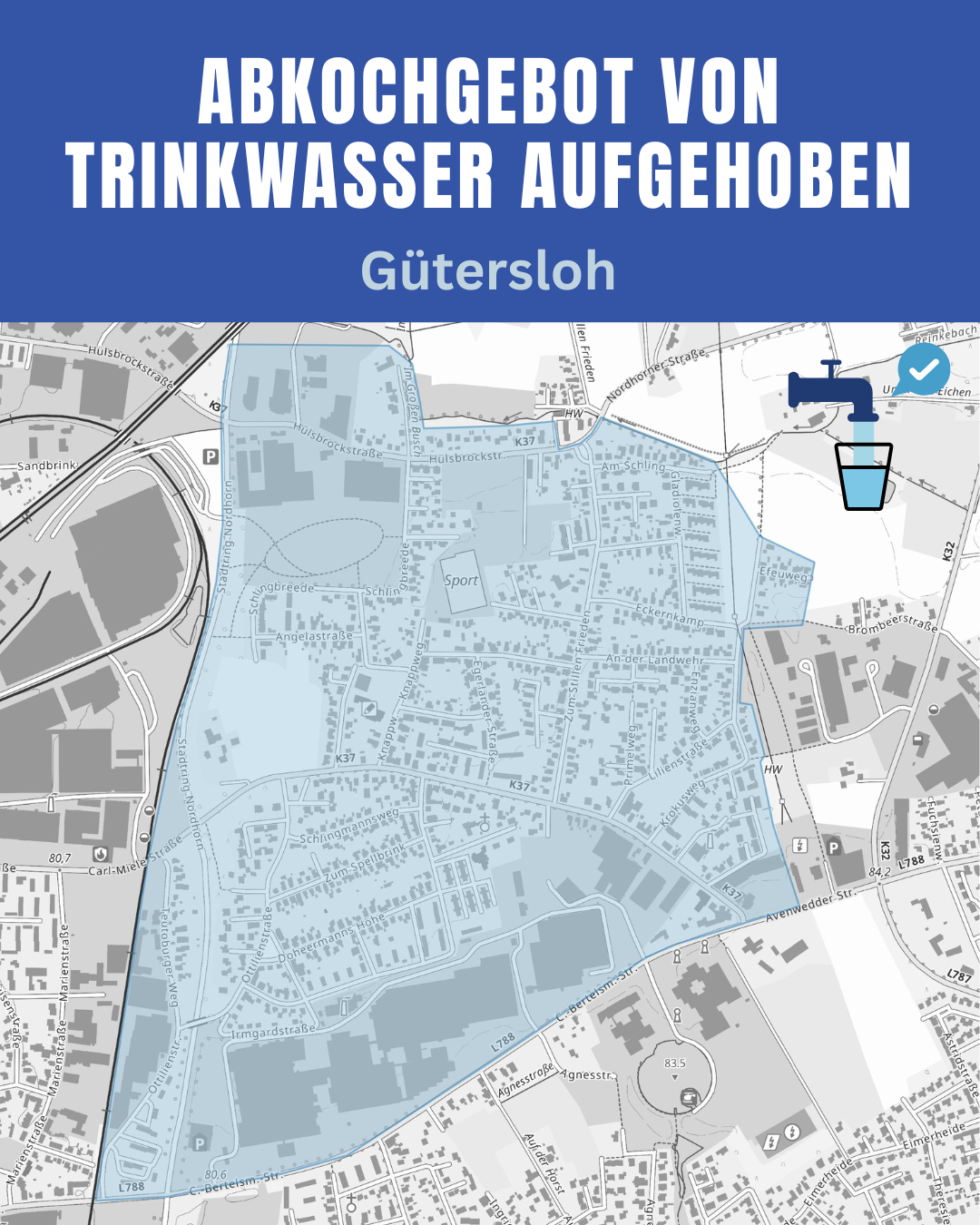 Die Grafik zeigt eine Karte von einem Stadtgebiet in Gütersloh, in dem jetzt das Abkochgebot für Trinkwasser aufgehoben worden ist.