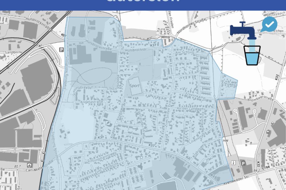 Canva-Grafik Abkochgebot aufgehoben Keimbelastung im Trinkwasser - 1 Die Grafik zeigt eine Karte von einem Stadtgebiet in Gütersloh, in dem jetzt das Abkochgebot für Trinkwasser aufgehoben worden ist.