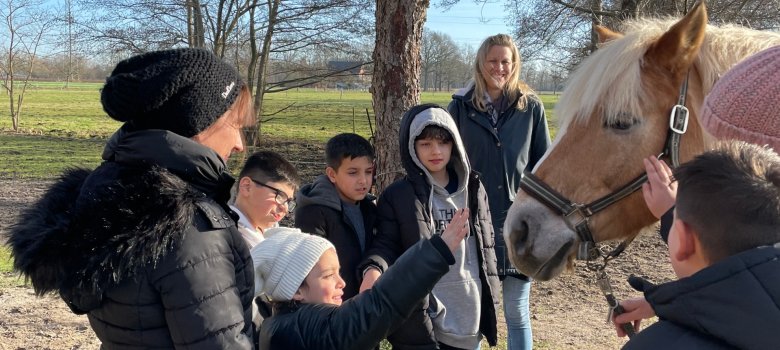 Kinder mit Pferd und Erwachsenen stehen auf einer Wiese.
