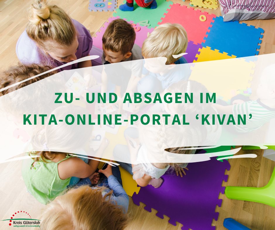 Grafik zu Zu- und Absagen in 'Kivan'. Im Hintergrund sind spielende Kinder in einem Sitzkreis zu sehen. Dabei eine Erzieherin.