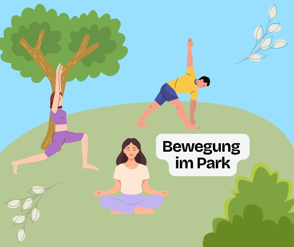 Bewegung im Park Canva-Grafik Canva-Grafik 'Bewegung im Park' mit drei Menschen, die auf einer Wiese unter einem Baum Übungen machen.