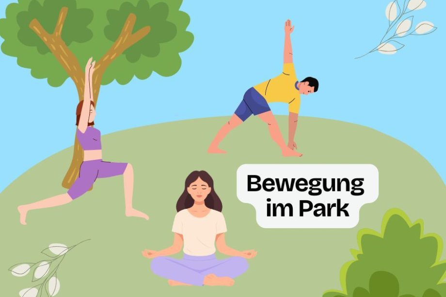Canva-Grafik 'Bewegung im Park' mit drei Menschen, die auf einer Wiese unter einem Baum Übungen machen.