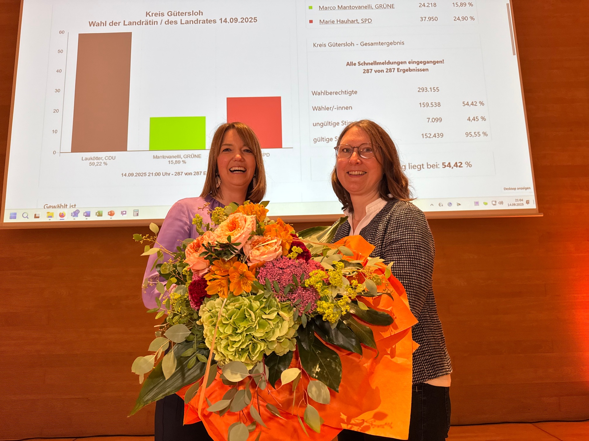 Kurz nach 21 Uhr in der Wahllobby auf der Bühne: Wahlleiterin und Kreisdirektorin Susanne Koch (r.) gratuliert der Siegerin, Ina Laukötter (CDU).    
