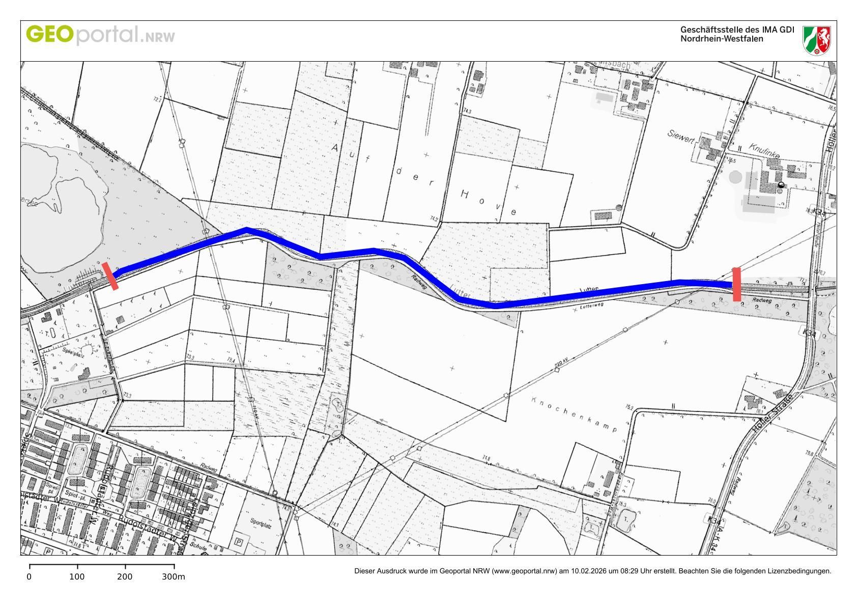 Der Kartenausschnitt zeigt den Abschnitt der Lutter im Stadtteil Blankenhagen, in dem Bäume und Büsche zurückgeschnitten beziehungsweise gefällt werden. Deshalb ist dort der Rad- und Gehweg ab Donnerstag (19. Februar) bis zum 27. Februar gesperrt.  Bildhinweis: Geodatenportal NRW