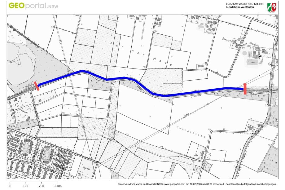 Karte Lutter nördlich Blankenhagen / Geodatenportal NRW Der Kartenausschnitt zeigt den Abschnitt der Lutter im Stadtteil Blankenhagen, in dem Bäume und Büsche zurückgeschnitten beziehungsweise gefällt werden. Deshalb ist dort der Rad- und Gehweg ab Donnerstag (19. Februar) bis zum 27. Februar gesperrt. Bildhinweis: Geodatenportal NRW