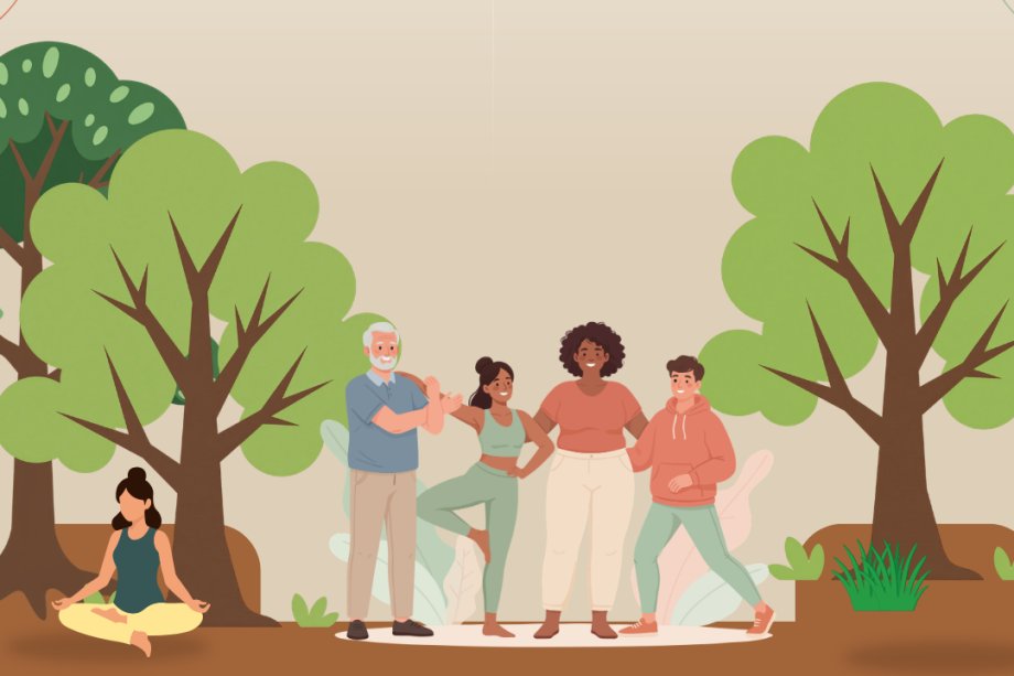 Canva-Grafik mit Personen und Bäumen im Park.