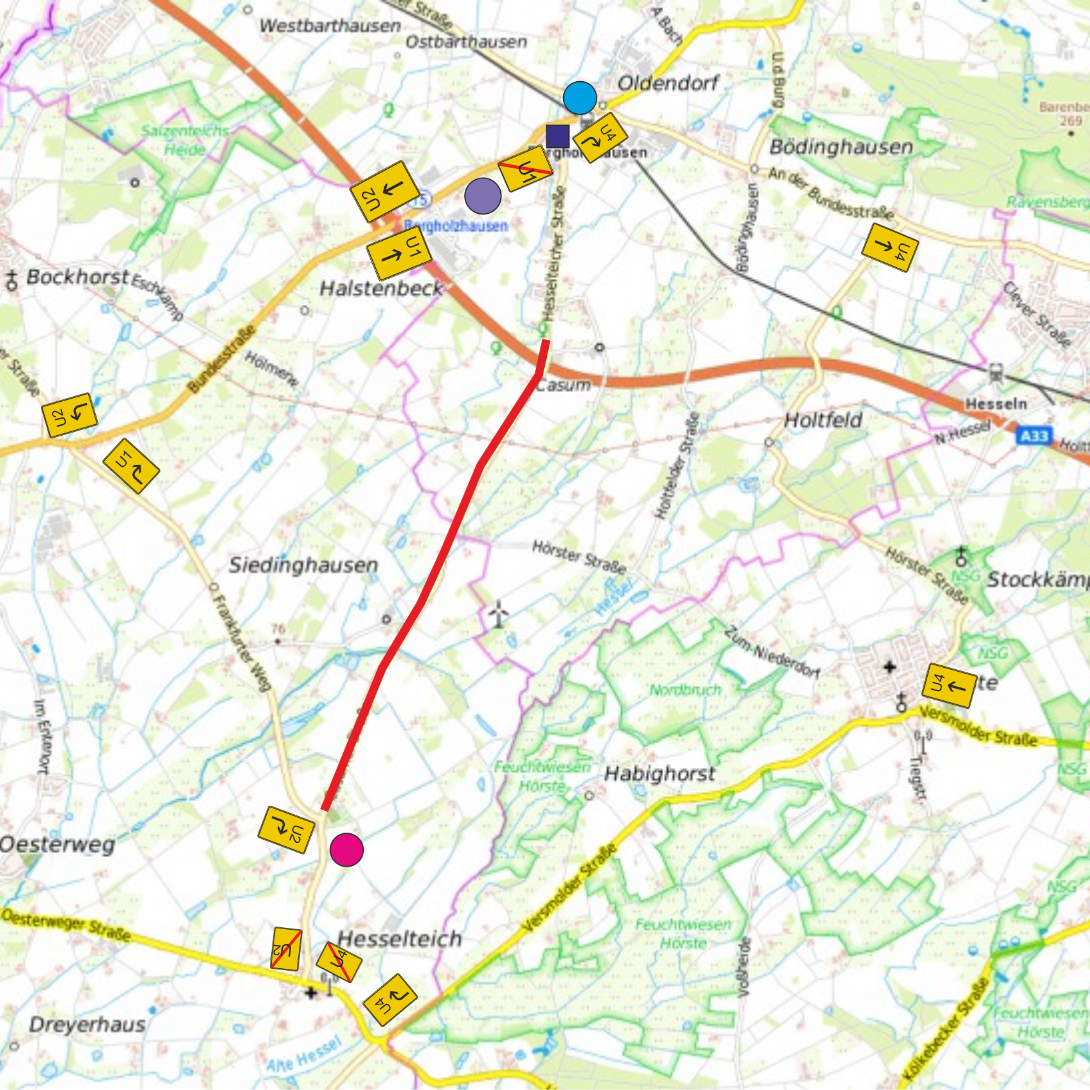 Karte Sperrung K23 Es ist eine Karte zu sehen, auf der die gesperrte Straße markiert ist.