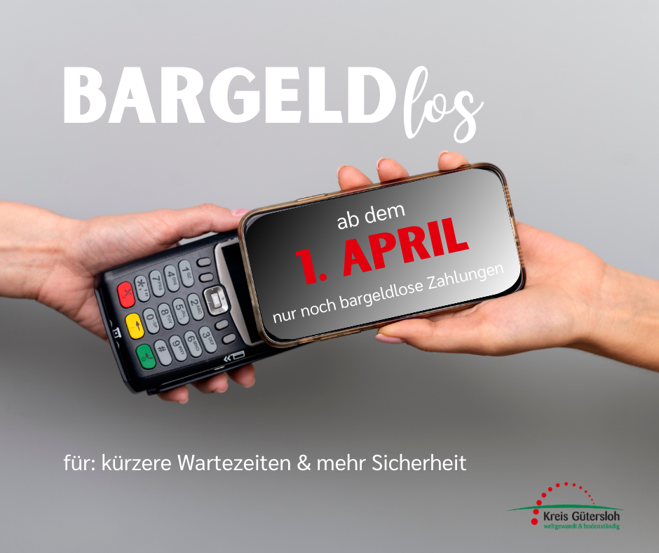 Grafik mit Kartenlesegerät und Smartphone zum Thema, dass ab dem 1. Appril 2026 in der Zulassungsstelle des Kreises nur noch bargeldlos gezahlt werden kann.