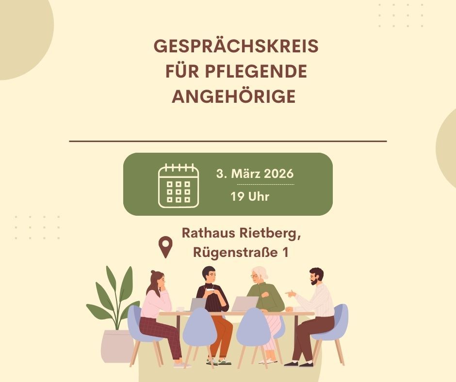 Grafik Gesprächskreis am Tisch mit der Aufschrift "Gesprächskreis für pflegende Angehörige, 3. März 2026, 19 Uhr, Rathaus Rietberg, Rügenstraße 1"