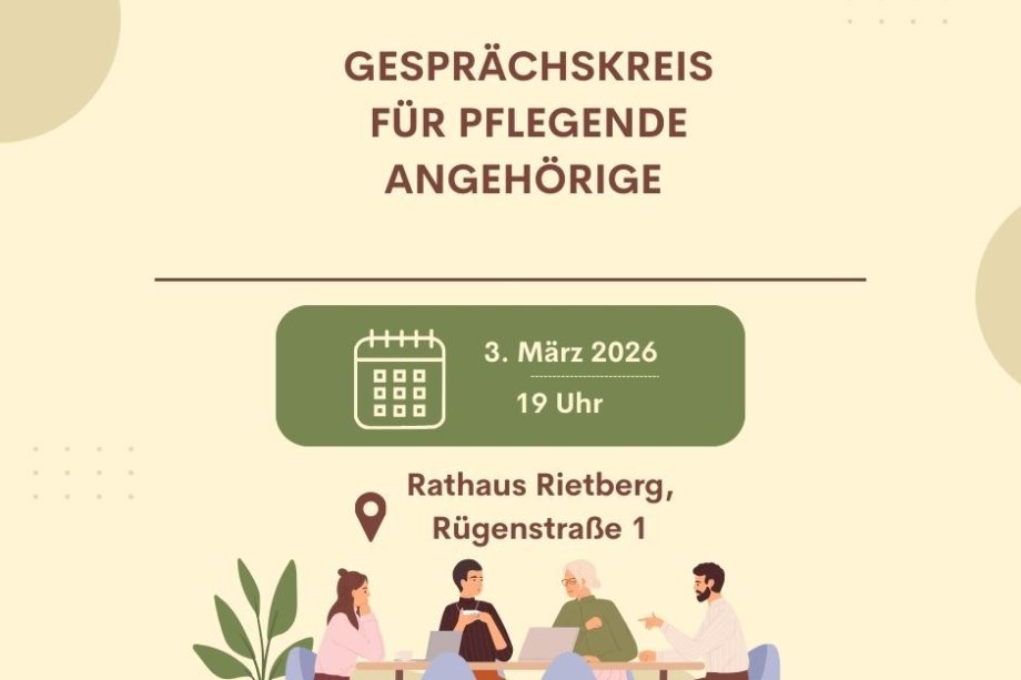 Grafik Gesprächskreis am Tisch mit der Aufschrift "Gesprächskreis für pflegende Angehörige, 3. März 2026, 19 Uhr, Rathaus Rietberg, Rügenstraße 1"